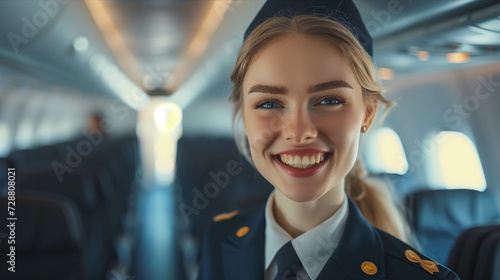 Caucasian female stewardess in uniform smiles with confidence in the interior of an airplane cabin.