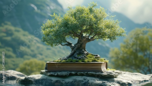 a bonsai tree on a book, in the style of mythology-inspired, clear edge definition, reverent and tranquil, spectacular show of ages, studyplace, calculated, unreal engine