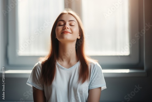 Happy woman relaxing and enjoying the morning sunlight while sitting in a comfortable apartment