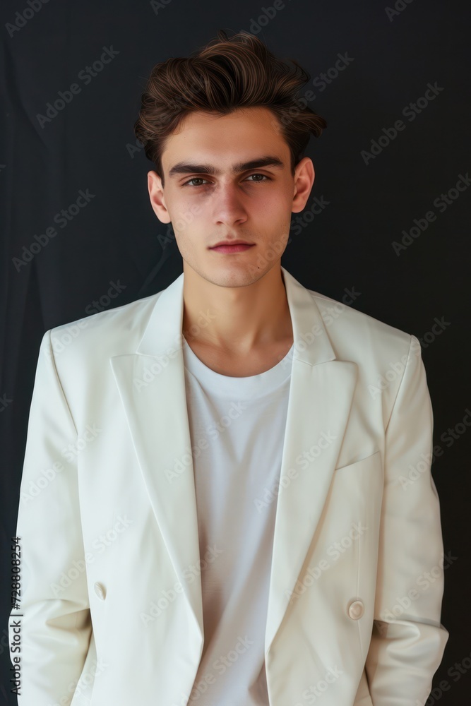 A Professional portrait model of a white young man wearing a white suit and a T-shirt A Professional portrait model of a white young man wearing a white suit and a T-shirt