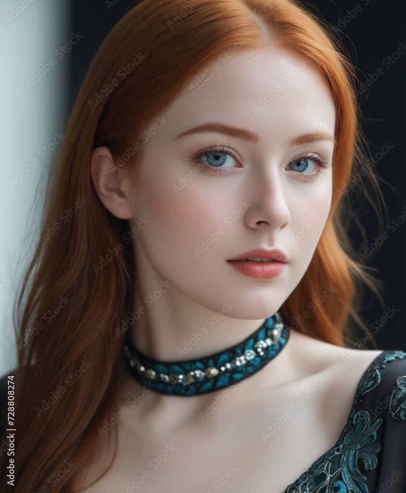 closeup of a beautiful ginger woman who lives in a vast galactic empire in a distant future