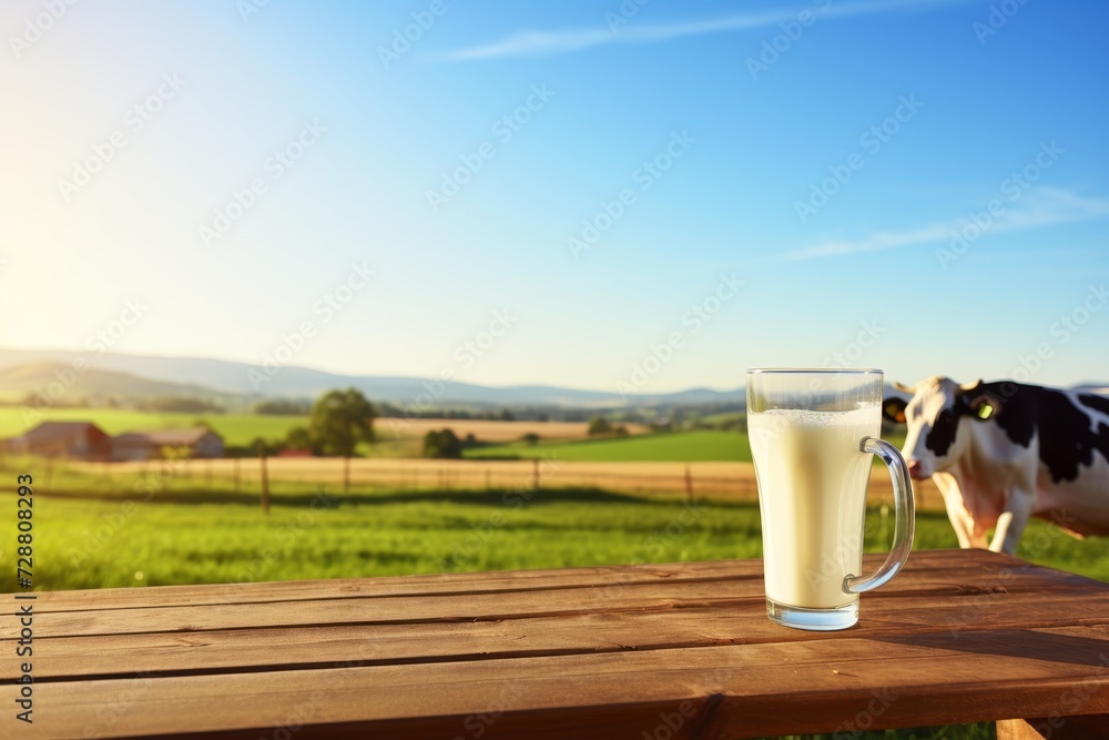Glass mug with milk on lush green field, cows grazing nearby. Idyllic pastoral scene. Copy space Glass mug with milk on lush green field, cows grazing nearby. Idyllic pastoral scene. Copy space