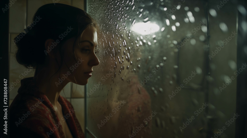 Caucasian woman standing by window while rain falls. Caucasian woman standing by window while rain falls.