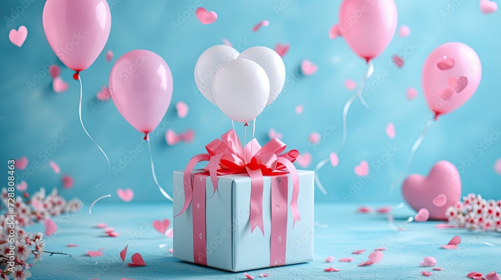 a beautifully decorated gift box surrounded by colorful balloons, perfect for birthdays, Mother's Day, weddings, Valentine's Day, or any festive celebration, conveying joy and excitement.