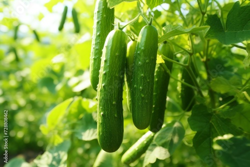 Ripe cucumbers glistening in sunlight. Fresh garden harvest, close-up shot. Lush greenhouse.