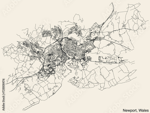 Detailed hand-drawn navigational urban street roads map of the United Kingdom city township of NEWPORT, WALES with vivid road lines and name tag on solid background