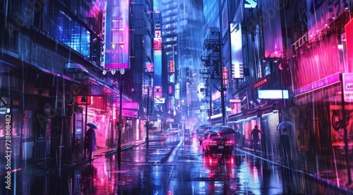 A vibrant city street bathed in neon lights reflecting on wet pavements, capturing the dynamic life of the city in the rain.