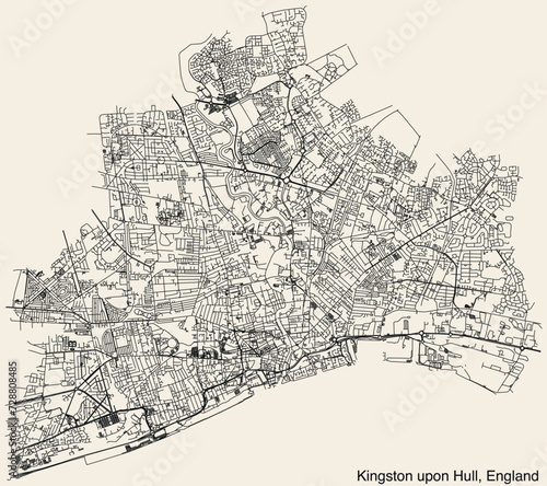 Detailed hand-drawn navigational urban street roads map of the United Kingdom city township of KINGSTON UPON HULL, ENGLAND with vivid road lines and name tag on solid background