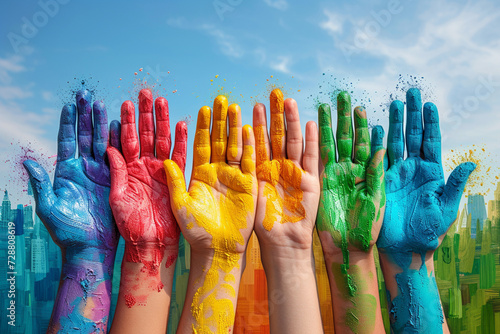 people's hands in different bright paint colors, the concept of mutual aid photo