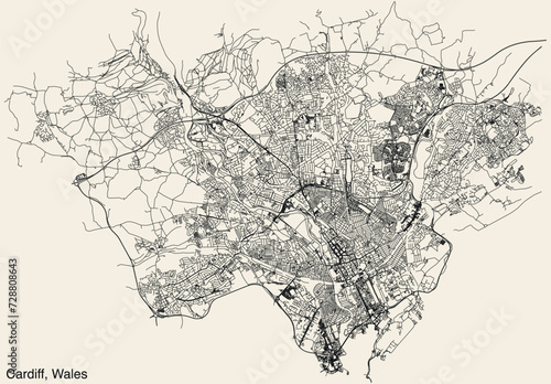 Detailed hand-drawn navigational urban street roads map of the United Kingdom city township of CARDIFF, WALES with vivid road lines and name tag on solid background