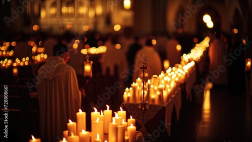 solemn church service with clergy and rows of lit candles photo
