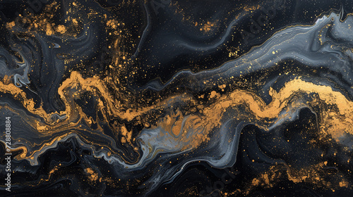 A sophisticated and luxurious abstract painting on a marble slab with gold and black colors, resembling a night sky. 