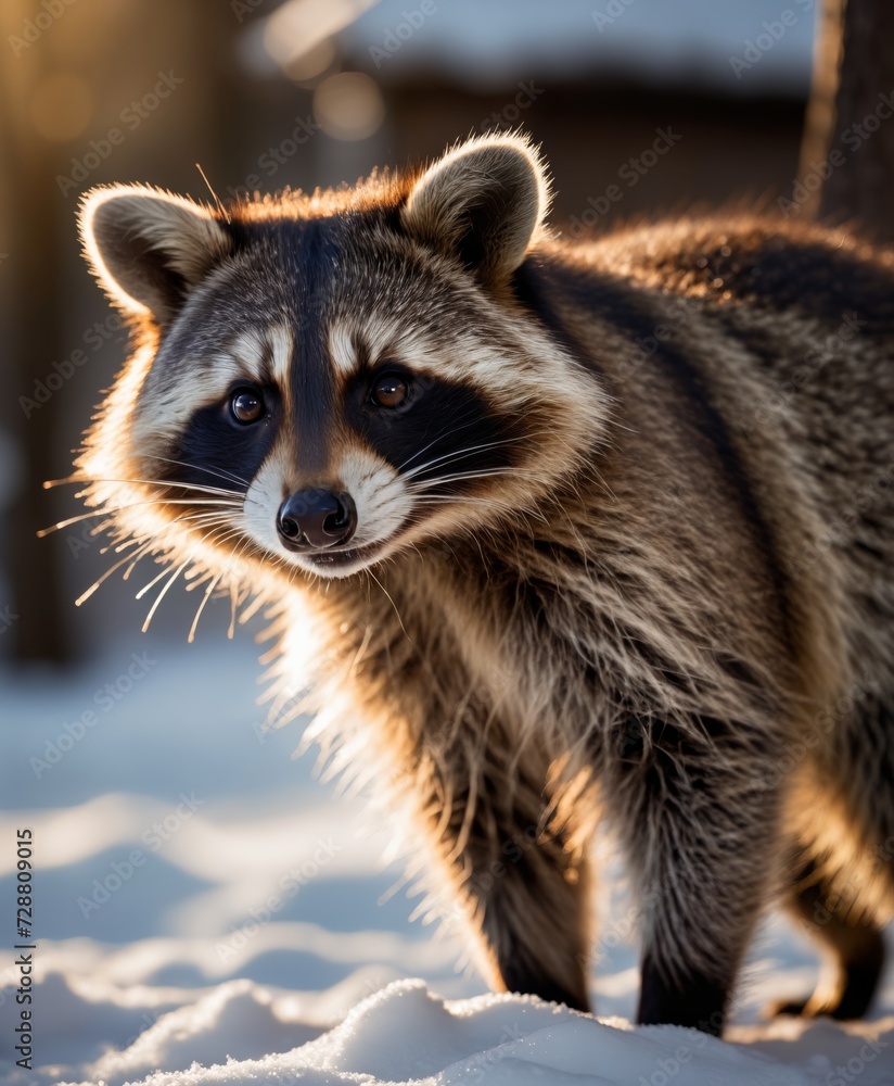 a raccoon walking through the snow in the wintertime sun light