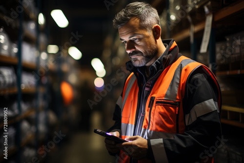 Inventory Check: A Salesman in a Hardware Warehouse Stands Engaged, Scanning Products to Keep Track of Inventory and Aid Customers Efficiently