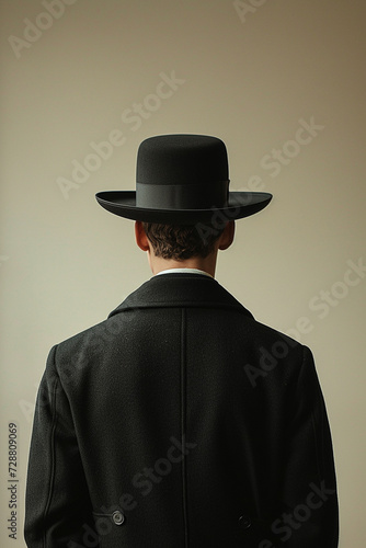 Rear view on stylish man wearing in 19th century times victorian clothes and hat