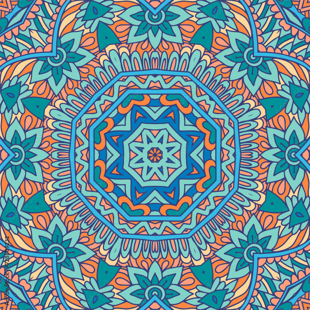 Abstract damask mandala seamless ornamental pattern. Doodle ethnic tribal geometry psychedelic colorful fabric print.