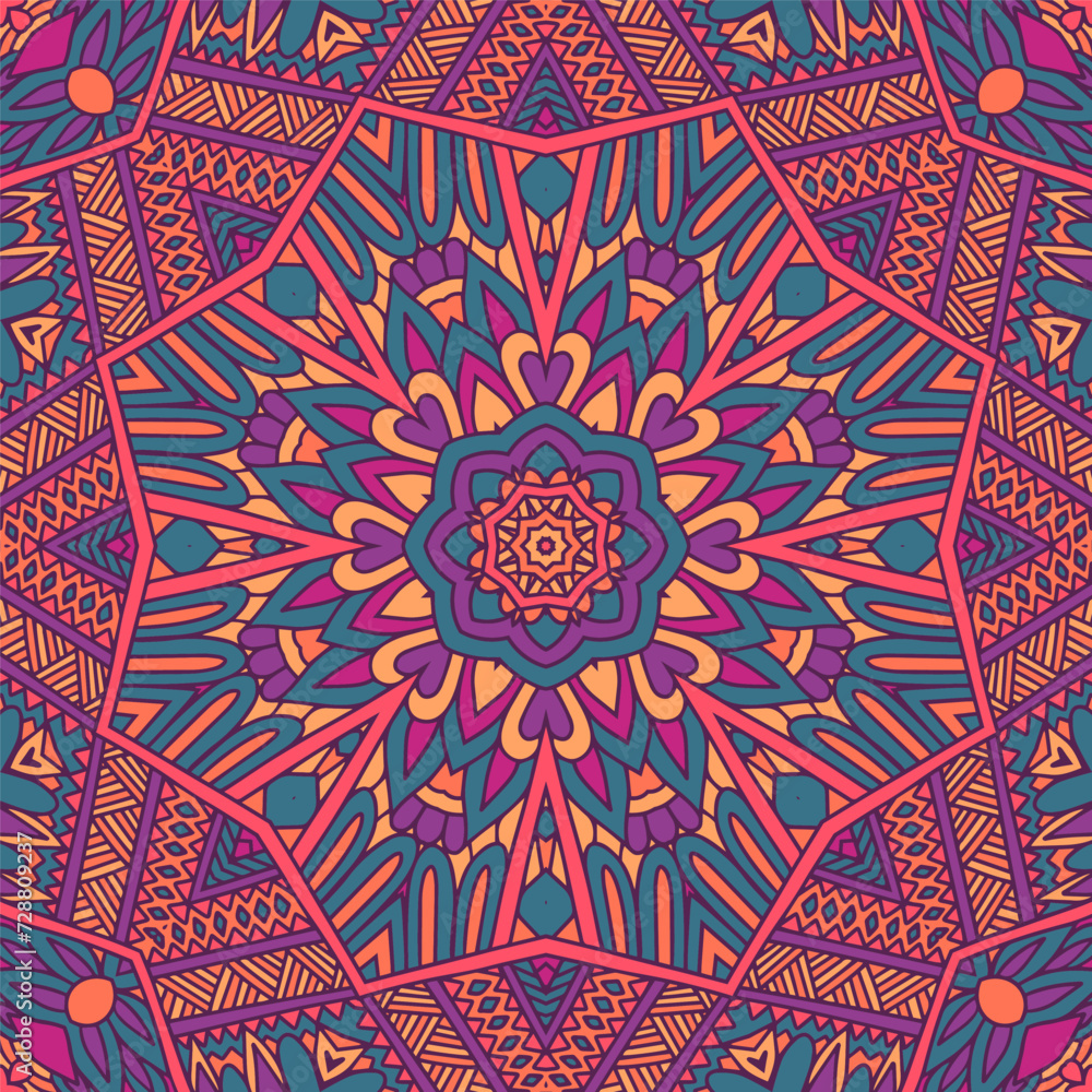 Festive colorful Psychedelic mandala star flower doodle art pattern.