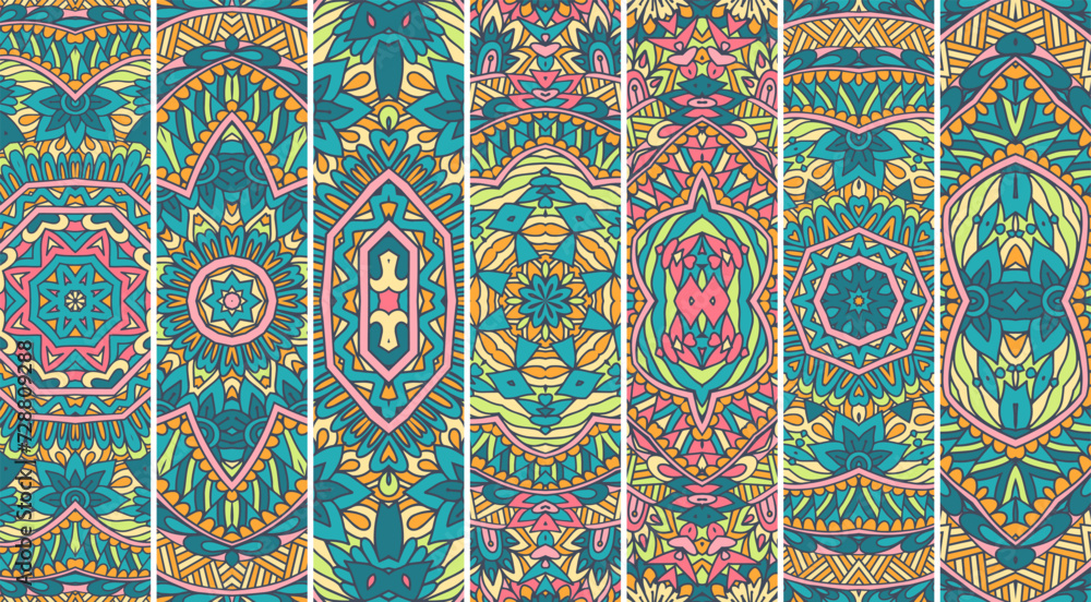 Ethnic ornamental Mandala pattern set with colorful festive l color print design. Geometric pattern tiles psychedelic print.