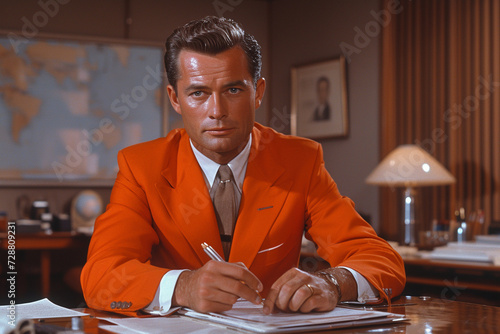 Portrait of stylish man of 1950th in bright orange jacket sitting on office photo