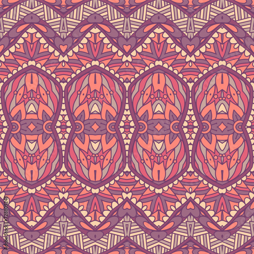 Texture seamless pattern arabesque ornaments flowers doodle. Vintage pink and purple background.