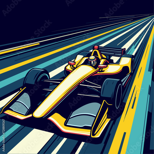 Yellow and blue illustrated indycar motorsport speed vehicle in fast track concept