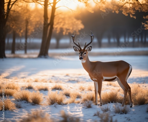Impala standing in the snow in front of trees with the sun shining through the trees