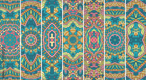 Ethnic ornamental Mandala pattern set with colorful festive l color print design. Geometric pattern tiles psychedelic print.