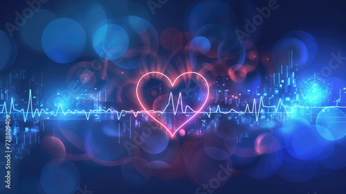 Neon heart outline with a vivid heartbeat line on a soft, bokeh blue background with digital elements..
