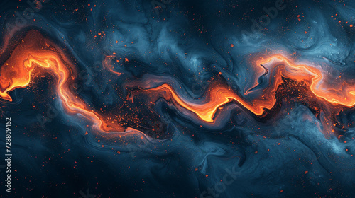 A surreal interplay of deep indigo and fiery orange creating an abstract representation of cosmic collision on a polished marble canvas. 