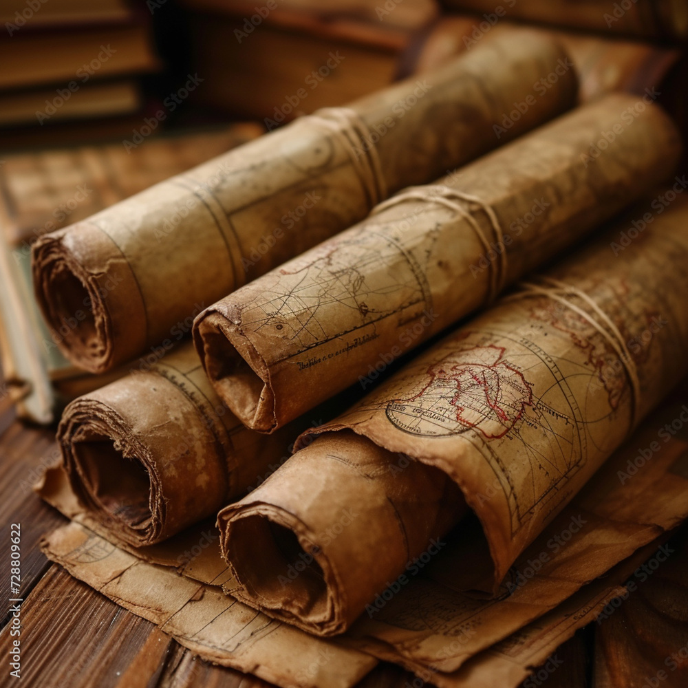 old dilapidated books with maps and travel stories on the table