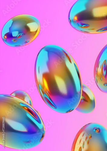 Metallic glossy easter eggs levitation in gradient neon pastel light.