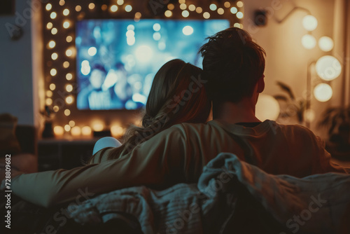 Couple on sofa in living room, watching action movie on TV, criminal blockbuster on streaming service, talking, discussing acting, resting home on weekend. Home theater in modern apartment, rear view