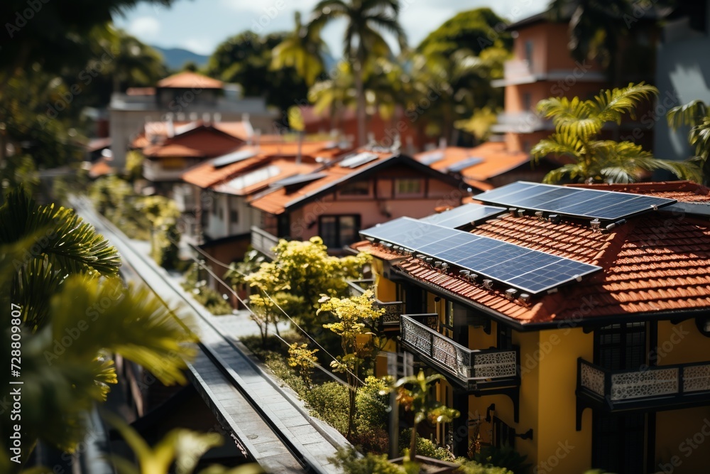 Sustainable Cityscape: Aerial Perspective of Solar Panels Adorning Rooftops in an Urban Neighborhood, Symbolizing the Shift Towards Clean Energy