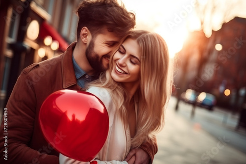 Charming couple hugging on the street after a date. A young, beautiful lady holds heart-shaped balloons in her hand and laughs. Valentine's day concept, gifts, love