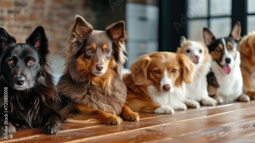 Five attentive dogs of various breeds sitting on a wooden floor.