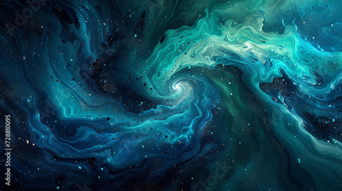 A swirling vortex of neon blue and vibrant green abstract shapes captured on a marble slab, resembling a cosmic dance. 