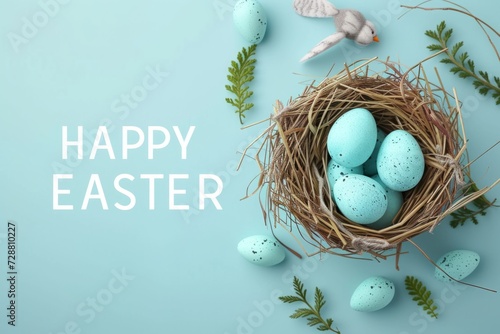 Happy Easter plants and nest of colorful eggs on blue background Generative AI