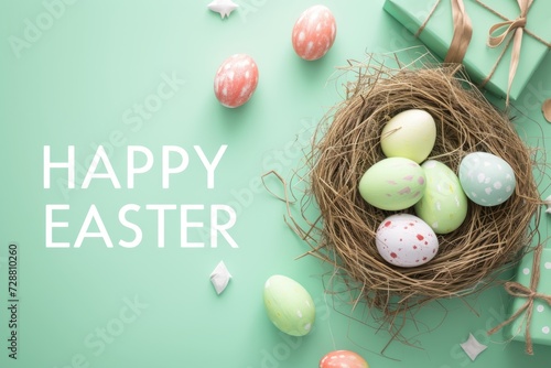 Happy Easter gifts and a nest full of colorful eggs on a green background Generative AI