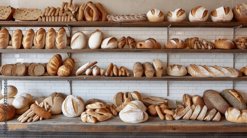an artisanal bread display arranged on a wooden counter, showcasing a variety of freshly baked loaves, rolls, and pastries, evoking the warm aroma and wholesome appeal of homemade bakery delights.