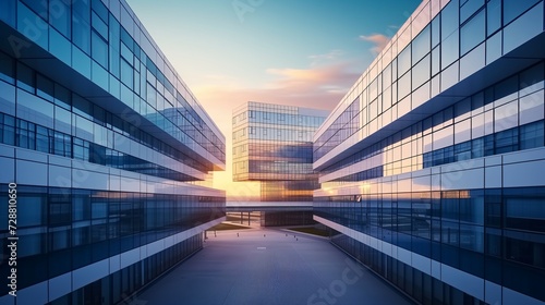 Innovative glass building facade in morning light