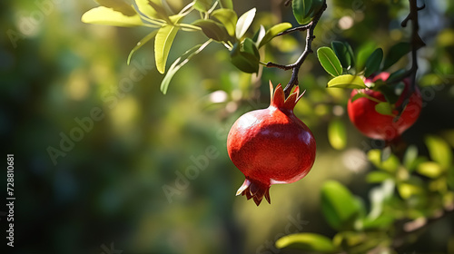 Pomegranate fruits adorned with glistening water droplets, hanging gracefully on the tree.