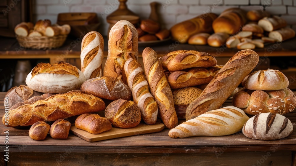 an artisanal bread display arranged on a wooden counter, showcasing a variety of freshly baked loaves, rolls, and pastries, evoking the warm aroma and wholesome appeal of homemade bakery delights. an artisanal bread display arranged on a wooden counter, showcasing a variety of freshly baked loaves, rolls, and pastries, evoking the warm aroma and wholesome appeal of homemade bakery delights.