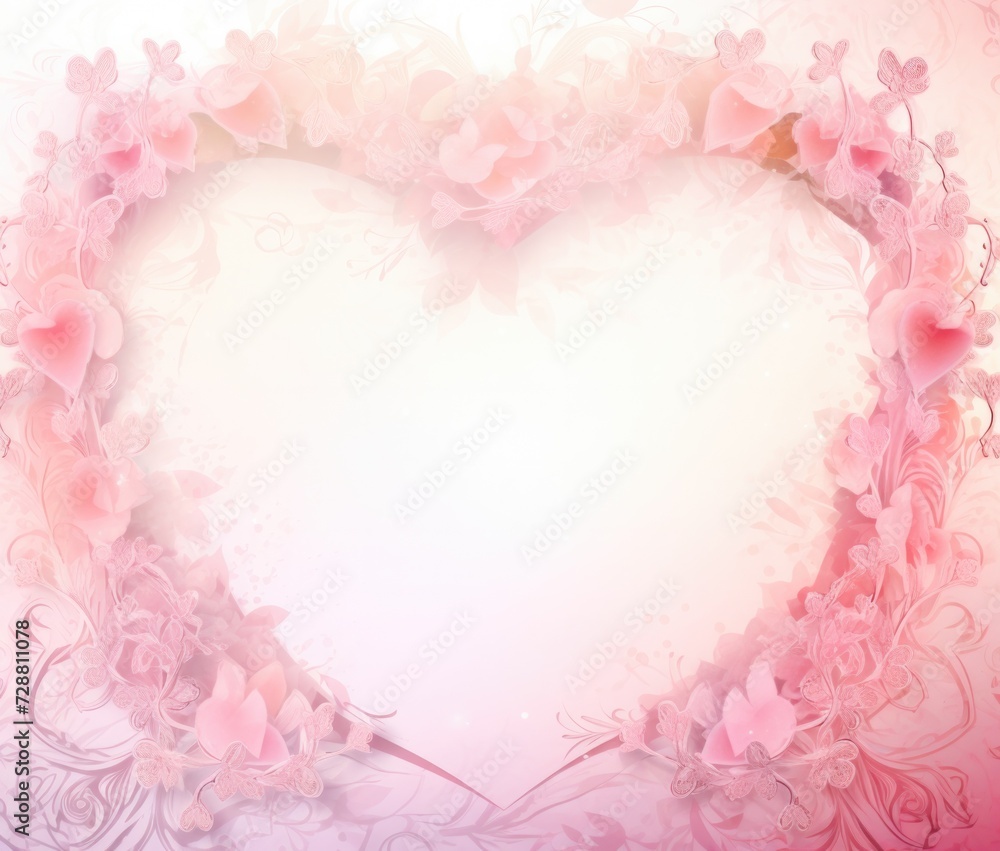 A pink heart shaped frame with flowers on a pink background. Generative AI.