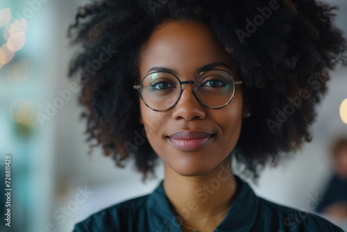 Smiling woman close-up shot on minimalist interior background, Confident African woman wearing glasses with curly afro hair, Employee of the Month wallpaper concept, Employee Appreciation Day portrait