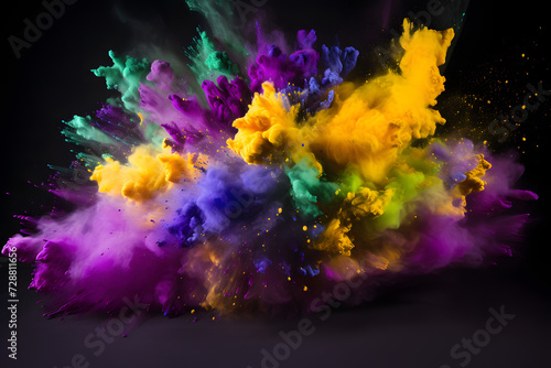 Vivid burst of colored powder in shades of purple, green, and gold. Holi paint powder symbolizing the spirit of festive occasions. Generative AI,