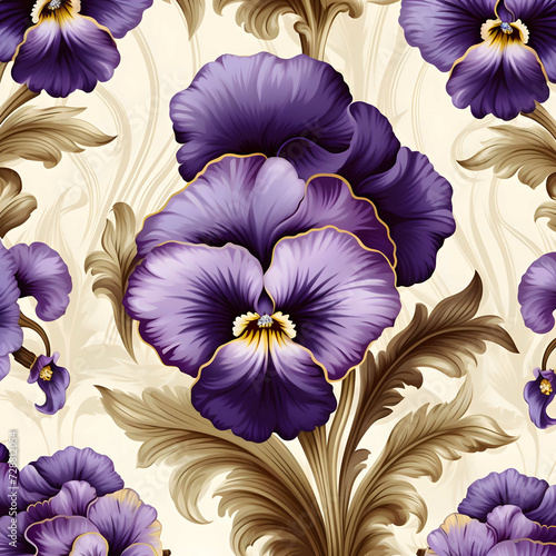seamless pattern, pansys in victorian artstyle, vector art
