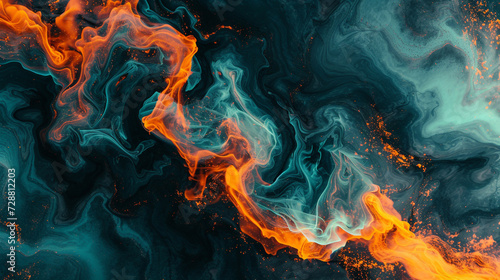An intricate dance of fiery orange and cool teal, intertwining on a marble surface, capturing the essence of a dynamic flame. 