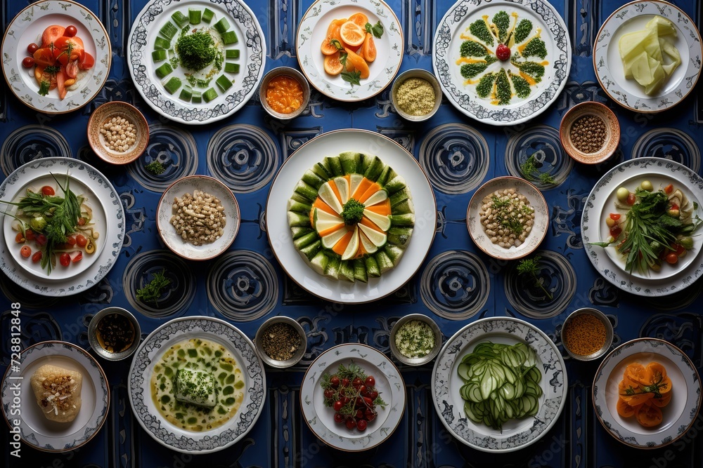 a table is filled with arabesque plates of food and vegetables
