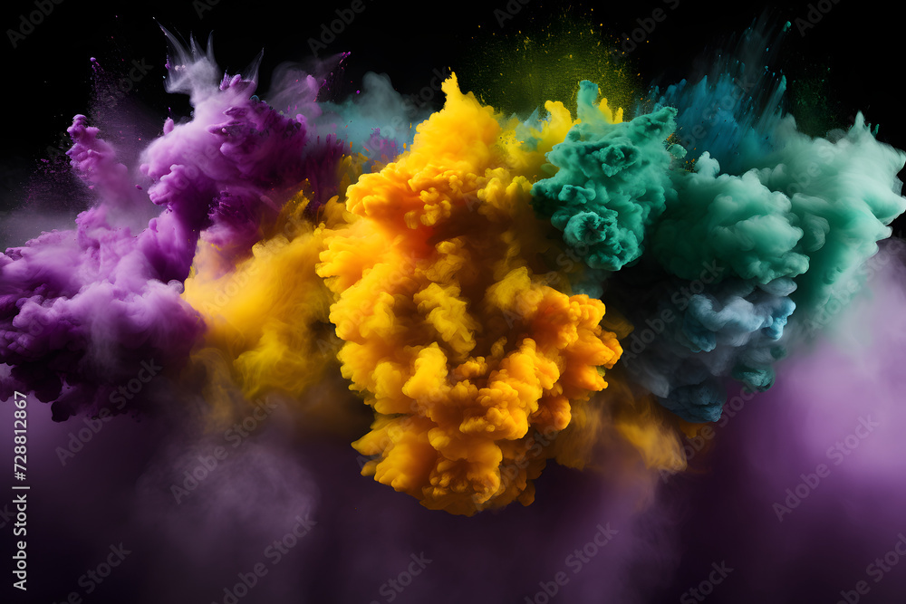 Explosion of vibrant colored powder in purple, green, and gold. Holi paint powder  creating a dynamic and joyous ambiance  Generative AI,
