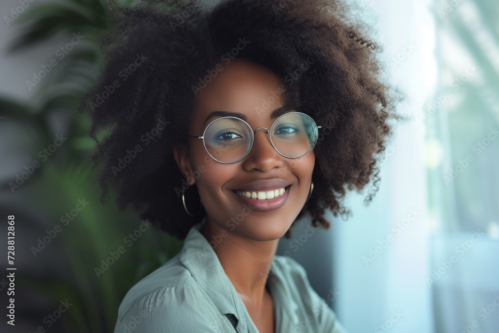 Smiling woman close-up shot on minimalist interior background, Confident African woman wearing glasses with curly afro hair, Employee of the Month wallpaper concept, Employee Appreciation Day portrait Smiling woman close-up shot on minimalist interior background, Confident African woman wearing glasses with curly afro hair, Employee of the Month wallpaper concept, Employee Appreciation Day portrait